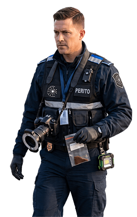 Perito técnico em campo com equipamento fotográfico
